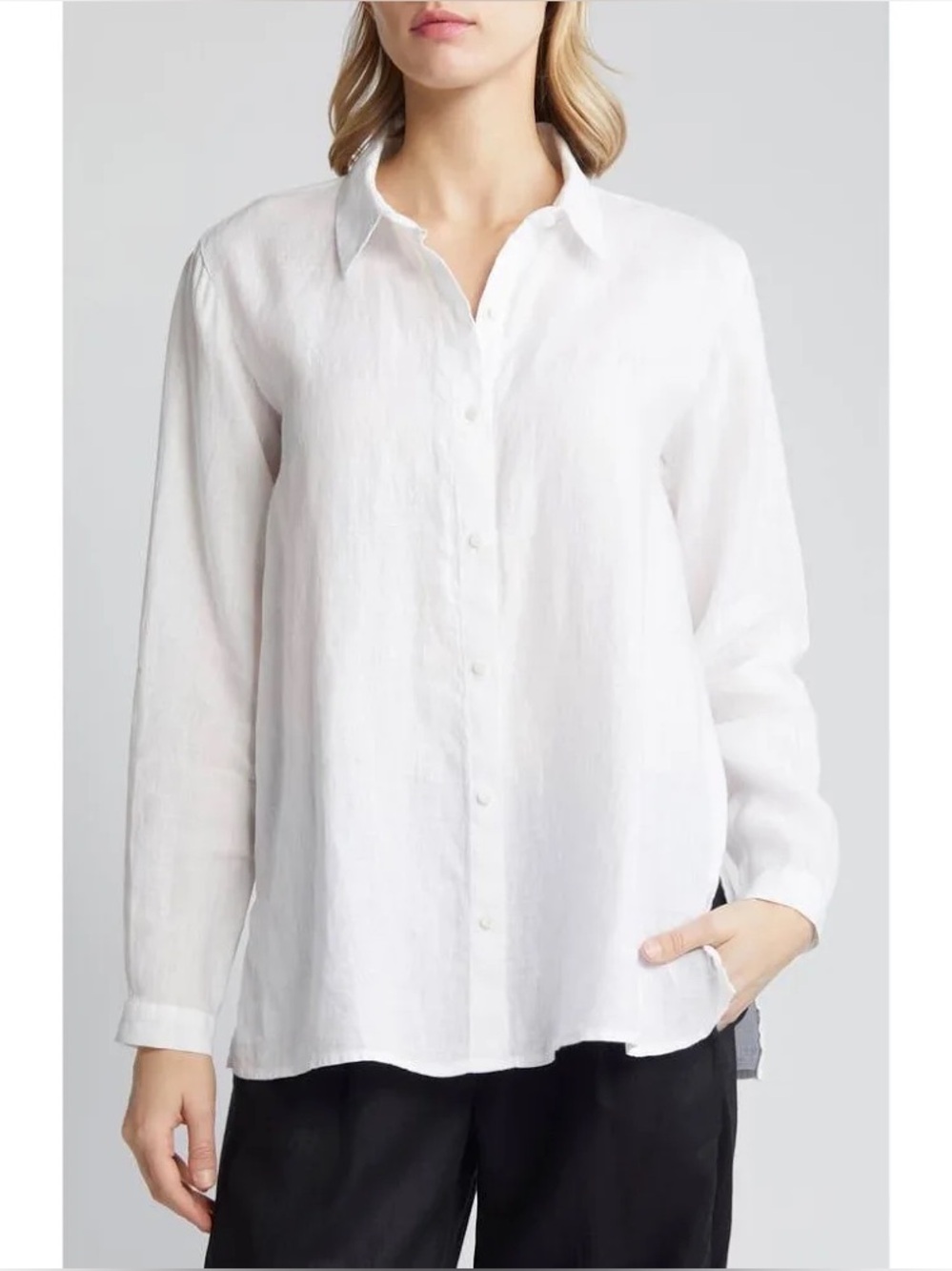 Eileen Fisher White Classic Long Sleeve Organic Linen Button-Up Shirt Size Large